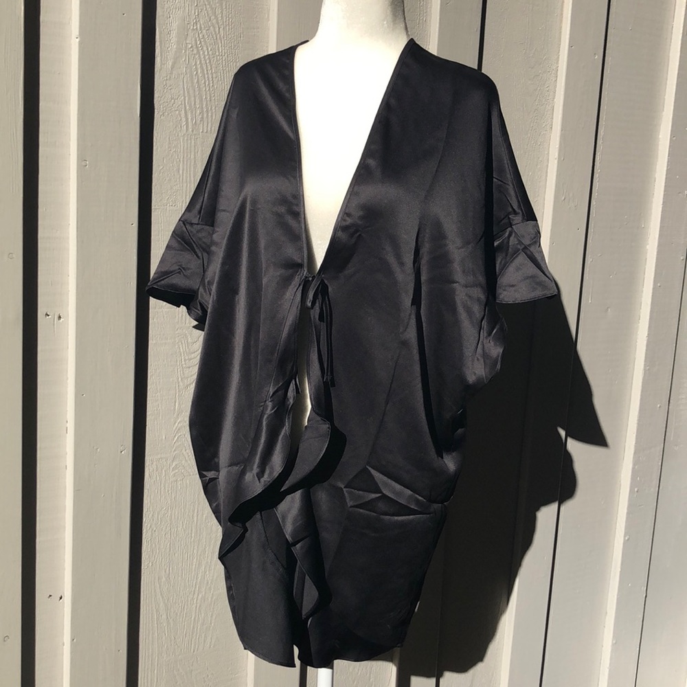 NWT Black Satin Kimono Style Robe W/Flutter Detail